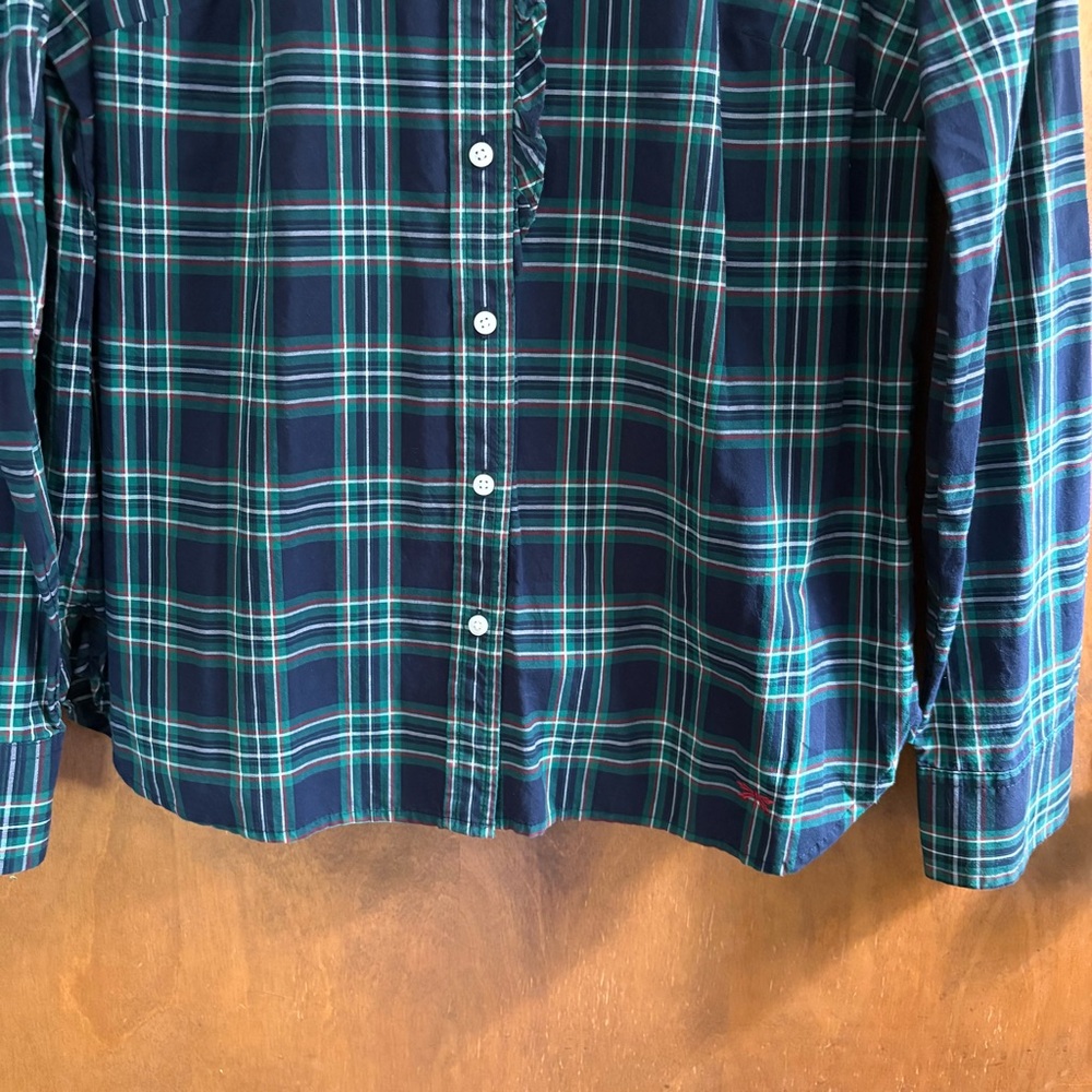 Talbots Green Blue Plaid Button Down Blouse Top 12 Ruffle High Neck Modest Fall - Picture 9 of 15
